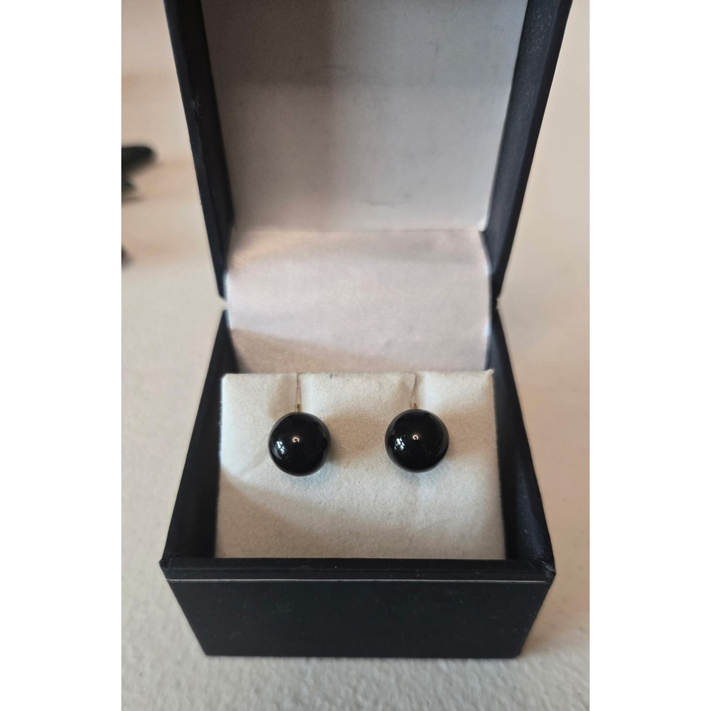 14K Yellow Gold Black Onyx Ball Stud Earrings 10.2mm Push Backs